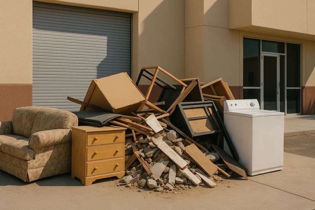 Turbo Trash, pile of junk in front of business